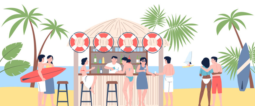 People in beach bar. Communication and resting in seaside cafe. Young adults on vacations, drinking cocktails and relax. Outdoor activity, recent vector scene