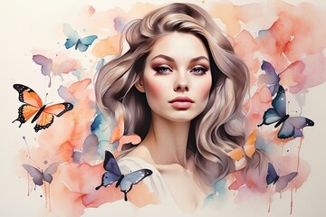 The watercolor silhouette of woman with multicolored butterflies in her hair is spring and summer portrait. Freedom, femininity, wedding, makeup, stylist, Barber, bride.