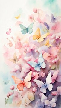 Fototapeta Pastel color watercolour butterflies on delicate spring flowers in a field with a space for text. Spring time. 