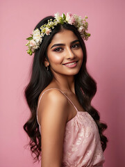 A young brunette Indian woman with a hairstyle of spring flowers in her hair on a solid background. Feminine beauty portrait, makeup, hairstyle, stylist, feminine energy