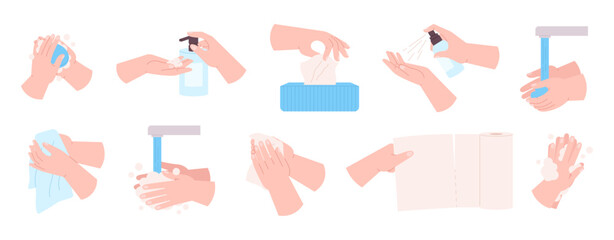 Washing hands. Personal hygiene, using tissue, soap and disinfectant spray. Cleaning hand with dry and wet wipes, self care and clean, racy vector set