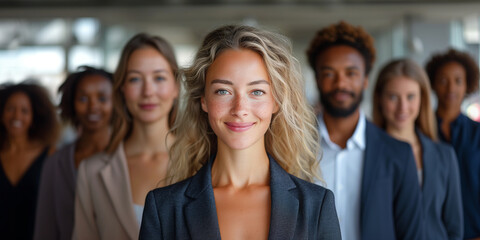 Obraz premium Portrait of successful group of business people at modern office looking at camera. Portrait of happy businessmen and satisfied businesswomen standing as a team. Multiethnic group of people smiling.