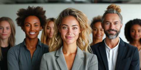  Portrait of successful group of business people at modern office looking at camera. Portrait of happy businessmen and satisfied businesswomen standing as a team. Multiethnic group of people smiling.