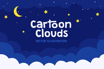 Dreamy night sky background. Cartoon style scene with white fluffy clouds, moon and stars. Relaxing cute midnight sky scenery. Starry Night, Stylish Graphic for Web, Game, Artistic Template.