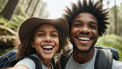 Happy black family on a hiking adventure in the forest, with a young woman wearing a hat and a man with an afro smiling broadly, surrounded by lush greenery and taking a selfie.