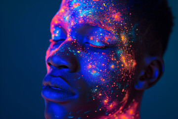 Skin Aglow with Alien Hues, Epoxy Glow Waves Pulse in Fluorescent Trance. Neon Whispers Secrets from Tattooed Constellations, Monochrome Mystery Unveiled Afro-Caribbean Fire