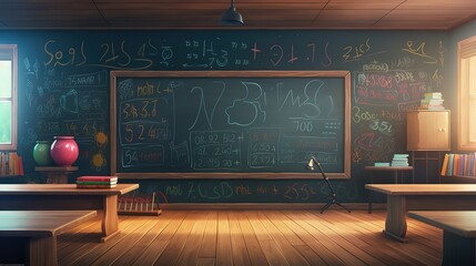 classroom with chalkboard blackboard, in the style of precise mathematical structures