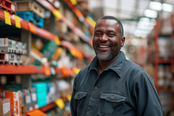 Middle-aged African man in a hardware warehouse, smiling and laughing as he selects a repair tool