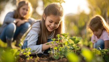 Young Girls Planting Seedlings in a Community Garden at Sunset