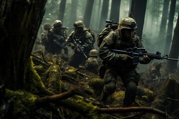 combat soldiers in a forest in woodland