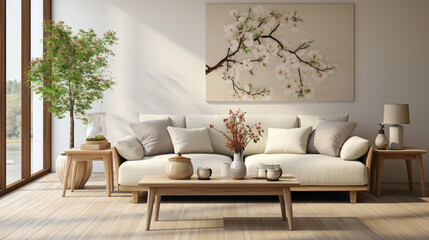 Fototapeta na wymiar A serene living room arrangement featuring a beige sofa complemented by a contemporary table housing a single, striking plant. The composition is bathed in soft natural light.