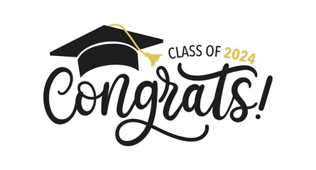 Congratulations graduates vector illustration. Class of 2024 trendy design template with graduation cap and lettering isolated on white background. Grad ceremony hand drawn typography concept. - obrazy, fototapety, plakaty