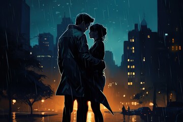 couple embraces and kisses at night in rain falling in frame