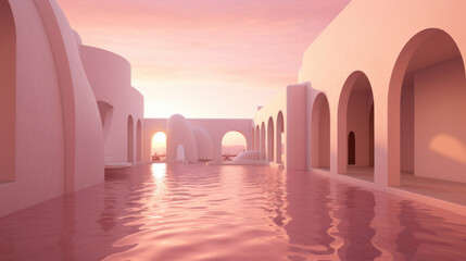 Surreal pink sunset reflecting on water between arched white buildings