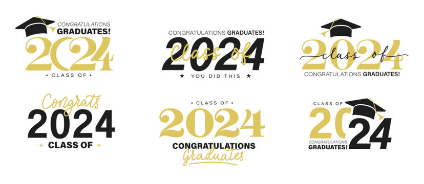 Class of 2024 graduation template set. Congratulations graduates celebration design for college, high school, university. Tassel and cap vector illustration for educational milestone graphic design.