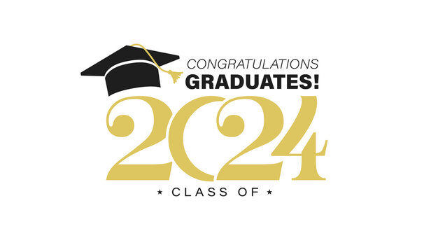 Class of 2024 graduation typography template. Congratulations graduates celebration design for college, high school, university. Tassel and cap vector illustration. Educational milestone graphic art.