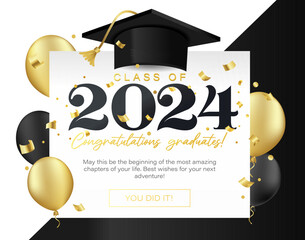 Class of 2024 Vector Illustration. Congratulations Graduates template for banner, invitation, greeting card. Graduation ceremony elegant design with Graduation Cap. Gold, black and white colors.