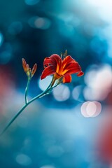 Close up of a single red daylily flower. Vibrant teal blue contrasting background with soft focus,...