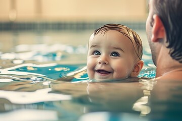 little boy with his father learning to swim in the pool - obrazy, fototapety, plakaty