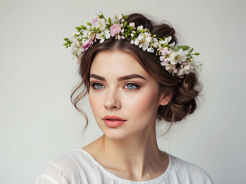 A young brunette woman with a hairstyle of spring flowers in her hair on a white solid background. Feminine beauty portrait, makeup, hairstyle, stylist, feminine energy