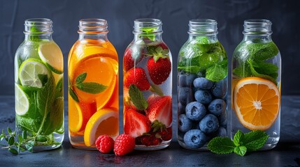 Assorted bottles of fruit-infused water showcasing a healthy lifestyle and natural refreshment
