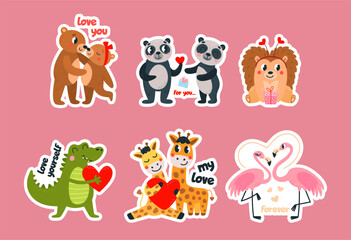 Love stickers with cute animals. For you and forever, love yourself. Funny animal romantic relationship, valentines day or wedding vector design