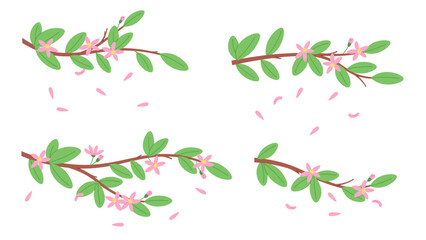 Sakura blossom branches. Peach or apple tree blooming. Cartoon isolated tree branch with pink flowers and falling petals, vector floral clipart