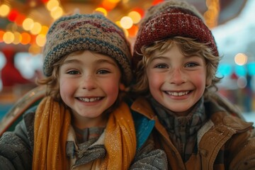 Joyful youngsters don cozy winter attire, adorned with knit hats and scarves, while beaming with contagious smiles and radiating warmth against the chilly outdoor backdrop