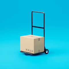 Trolley with cardboard shipping box made of cardboard isolated on blue background. Delivery or dispatch of goods. 3d render