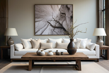 Fototapeta na wymiar Dive into the purity of a white sofa and matching table, harmonizing in the living room against an empty frame inviting you to add your distinctive flair.