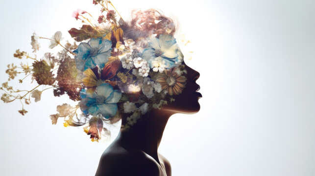 Woman profile with flowers in head, concept of mental health, double exposure