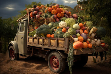 Old truck with an autumn harvest of vegetables and herbs on a plantation - a harvest festival, a roadside market selling natural eco-friendly farm products