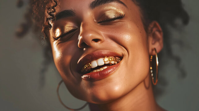Smiling African woman with gold dental jewelry grillz