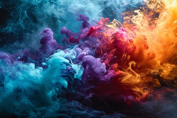 Fototapeta na wymiar Colorful rainbow neon smoke paint explosion, Colorful paint splatter and watercolor powder splash on dark background