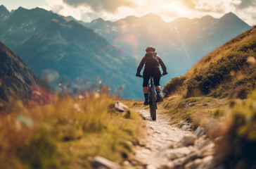 Obraz premium a smiling person rides an e-bike down the mountain towards you