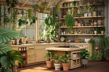 The interior of the loft-style kitchen with lots of green potted plants. Green house, modern kitchen