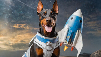 A dog dressed as an astronaut looking towards the camera with space themes objects and a dark background. Cute poppy pet mans best friend. Space exploration animals. isolated portrait doberman