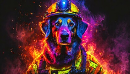 Portrait, confident looking canine hero isolated in firefighter uniform and helmet, dark fire bokeh background. Celebration of dogs in the fire serve and rescue teams. Fun adorable heroic background