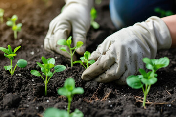 Growing new plants on farm or garden. Hands in gloves work with fresh green baby sprouts in soil of...