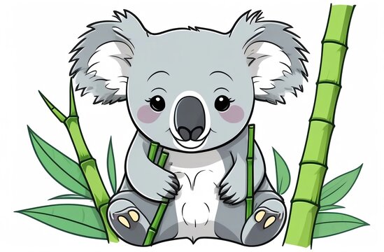 Koala chews bamboo on a white background, viewed from afar