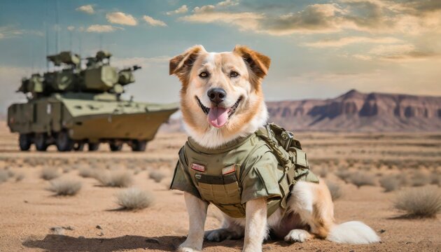 Portrait of Dog in green military uniform, sitting and looking at camera with desert background mountains and hills and tanks. Funny cute dog picture celebrating animals and the army