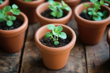 Small clay pots with baby plants on a wooden rustic table. Nature friendly growing of plants and seedlings at home