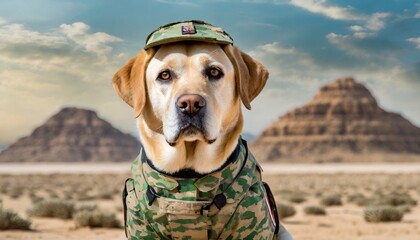 Portrait of Dog in green military uniform, sitting and looking at camera with desert background mountains and hills. Funny cute dog picture celebrating animals and the army