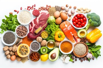 Food pyramid: Top view of various kinds of multicolored food types like meat, seafood, honey, eggs, fish, cocoa beans, olive oil, legumes 