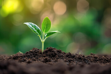 Small baby plant grows from the soil from seed. Symbol of living, startup, and life