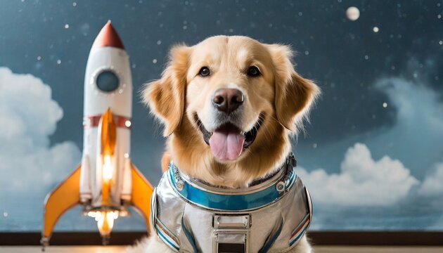 A dog dressed as an astronaut looking towards the camera with space themes objects and a dark background. Cute poppy pet mans best friend. Space exploration animals. isolated portrait golden retriever