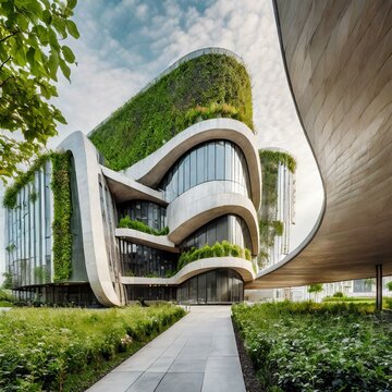 Concept image of what plant based architecture could look like with grass and flowers on a building constructed using recycled materials and an eco friendly garden. Promoting sustainability