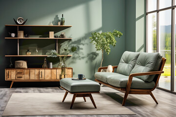 Envision a wooden coffee table and lounge chair perfectly placed near a gray sofa against a green wall, embodying the essence of modern living room design with simplicity and sophistication.