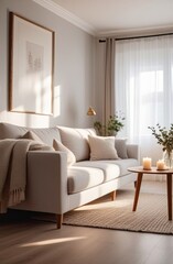 Cozy interior of a modern living room in the style hygge - sofa with cushions white and gray colors, cozy knitted, plaid, minimalism, candles