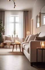 Cozy interior of a modern living room in the style hygge - sofa with cushions white and gray colors, cozy knitted, plaid, minimalism, candles